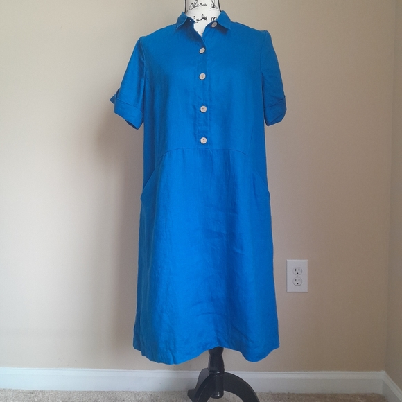 J. Jill Dresses Jjill Linen Shirt Dress Blue Short Sleeve Womens S